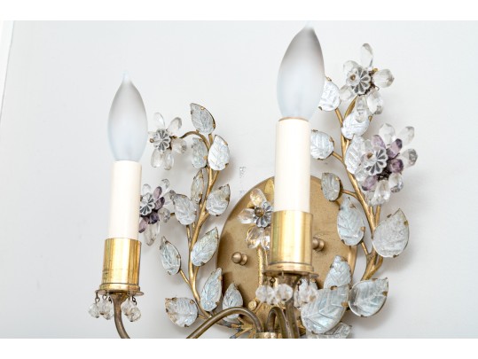 Pair Of French Gilt Metal And Cut Crystal And Amethyst Two-light Wall Sconces 