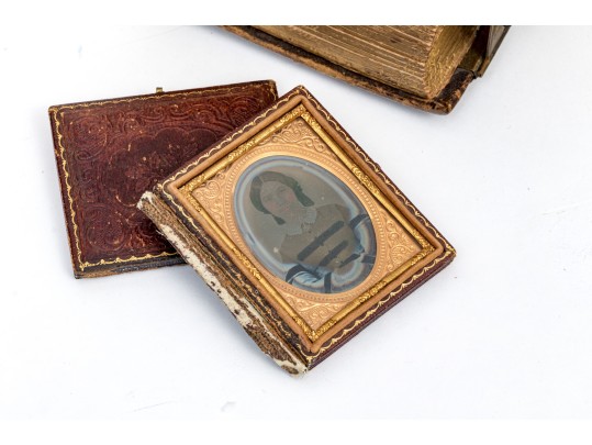 Antique Leather Bound Photograph Album Together With Two Antique Photos