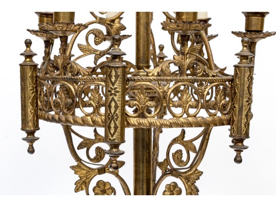 Gothic Style Brass Seven Light Electrified Candelabrum