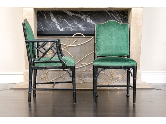 Six Chinese Chippendale Style Black Lacquered Dining Chairs In Green Faux Snakeskin Upholstery