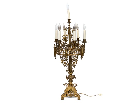 Gothic Style Brass Seven Light Electrified Candelabrum