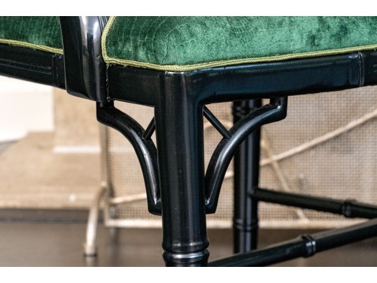 Six Chinese Chippendale Style Black Lacquered Dining Chairs In Green Faux Snakeskin Upholstery