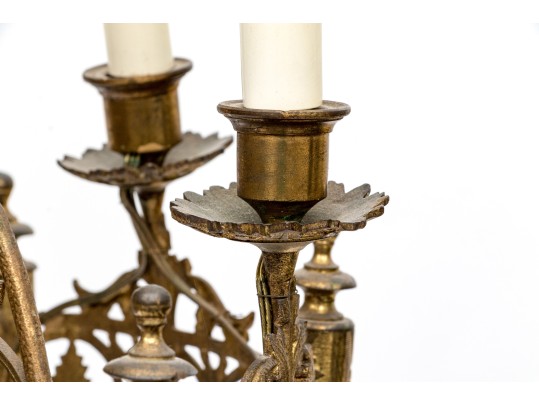 Gothic Style Brass Seven Light Electrified Candelabrum