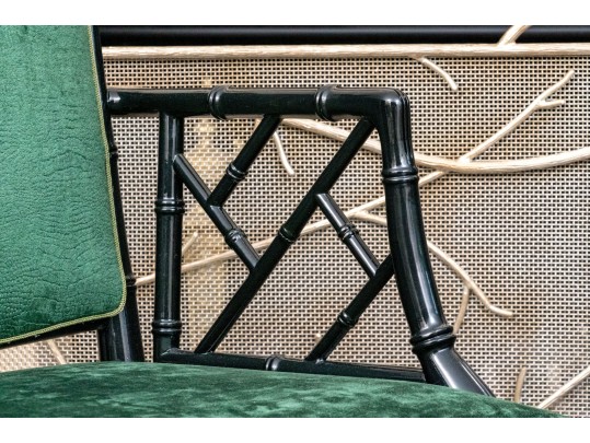 Six Chinese Chippendale Style Black Lacquered Dining Chairs In Green Faux Snakeskin Upholstery