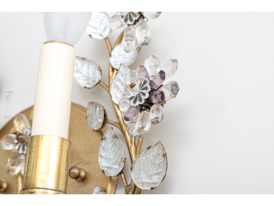 Pair Of French Gilt Metal And Cut Crystal And Amethyst Two-light Wall Sconces 