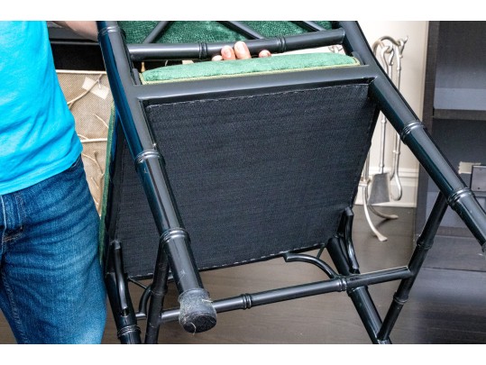 Six Chinese Chippendale Style Black Lacquered Dining Chairs In Green Faux Snakeskin Upholstery