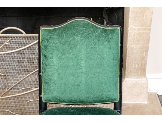 Six Chinese Chippendale Style Black Lacquered Dining Chairs In Green Faux Snakeskin Upholstery