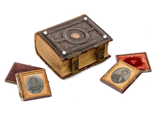 Antique Leather Bound Photograph Album Together With Two Antique Photos