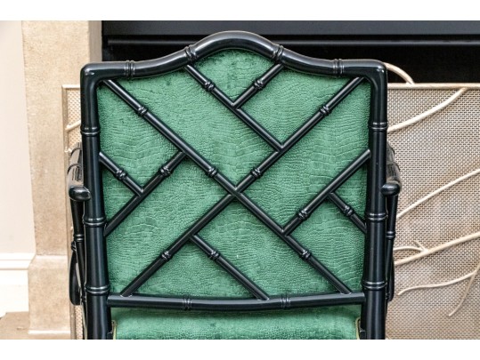 Six Chinese Chippendale Style Black Lacquered Dining Chairs In Green Faux Snakeskin Upholstery