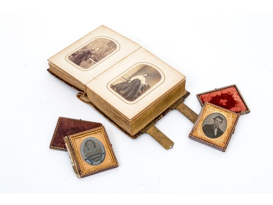 Antique Leather Bound Photograph Album Together With Two Antique Photos