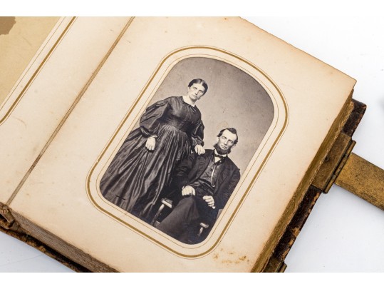 Antique Leather Bound Photograph Album Together With Two Antique Photos