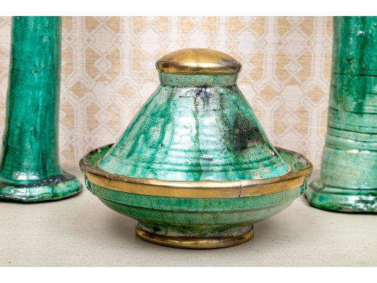 Primitive Green Ceramic Candle Holders & Jar