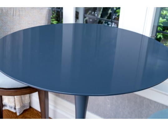 Hightop Tulip Based Bistro Table With Pair Of Custom Upholstered Swivel Stools