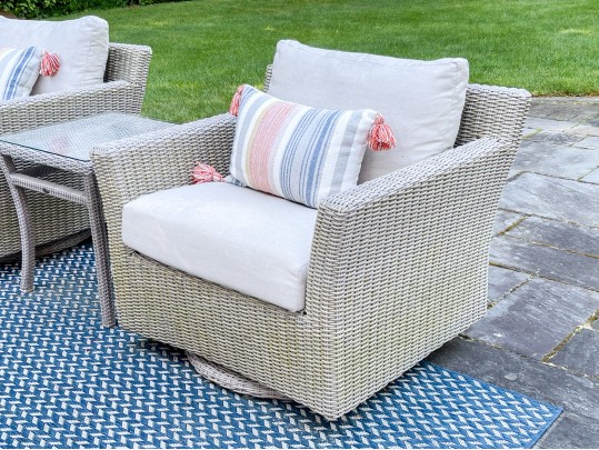 Pair Of Summer Classics Woven Swivel Chairs With Coordinating Side Table
