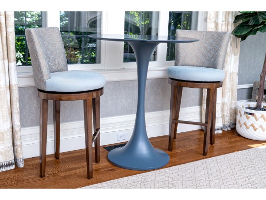 Hightop Tulip Based Bistro Table With Pair Of Custom Upholstered Swivel Stools