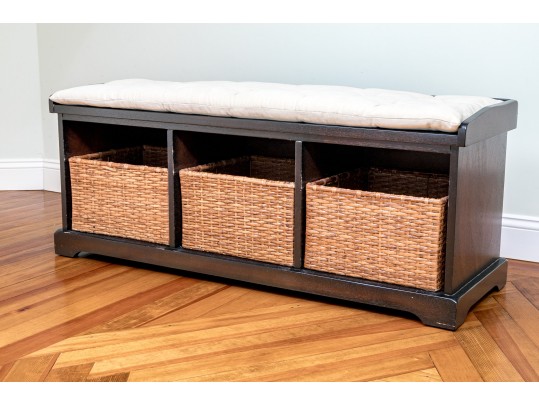 Solid Wood Bench With Open Storage And Baskets