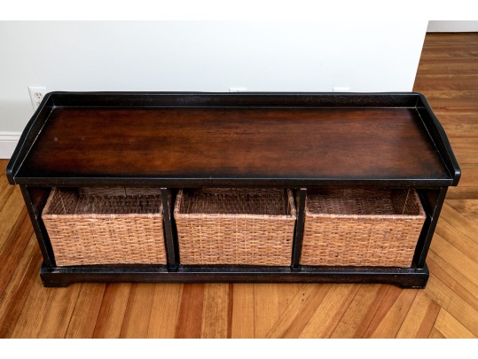 Solid Wood Bench With Open Storage And Baskets