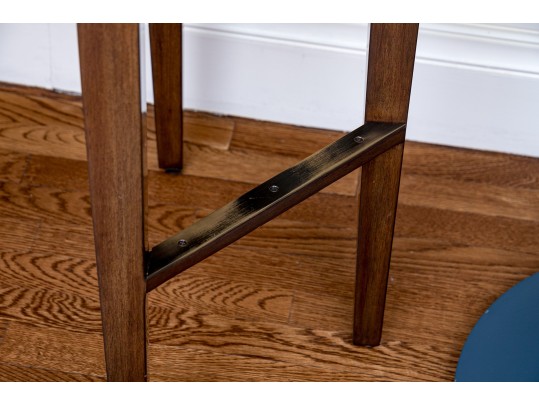 Hightop Tulip Based Bistro Table With Pair Of Custom Upholstered Swivel Stools