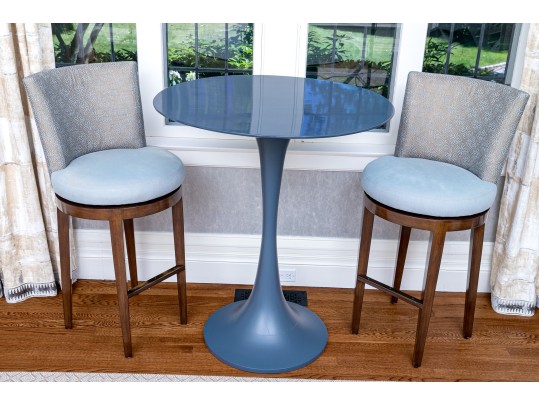 Hightop Tulip Based Bistro Table With Pair Of Custom Upholstered Swivel Stools