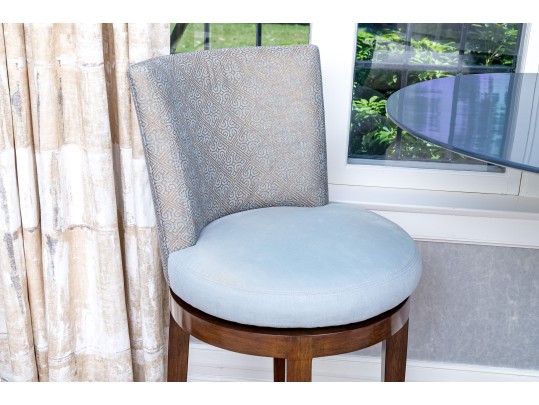 Hightop Tulip Based Bistro Table With Pair Of Custom Upholstered Swivel Stools