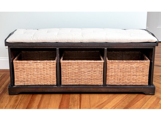 Solid Wood Bench With Open Storage And Baskets
