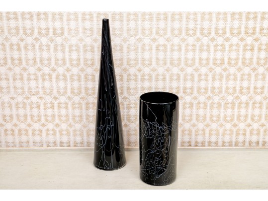 Pair Of Black Glass Latticino Vessels 