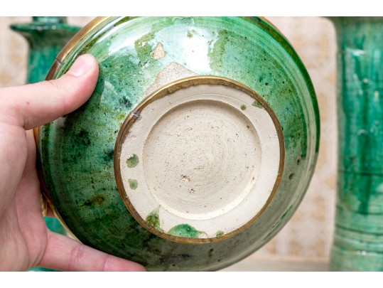 Primitive Green Ceramic Candle Holders & Jar