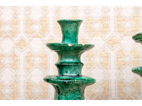 Primitive Green Ceramic Candle Holders & Jar