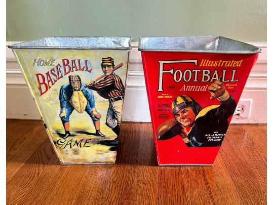 Galvanized And Decoupaged Vintage Sports Wastebaskets