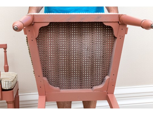 Dusty Pink Cane Armchairs With Cushions