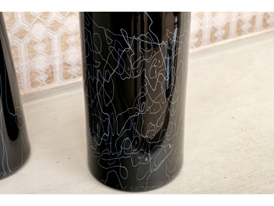 Pair Of Black Glass Latticino Vessels 