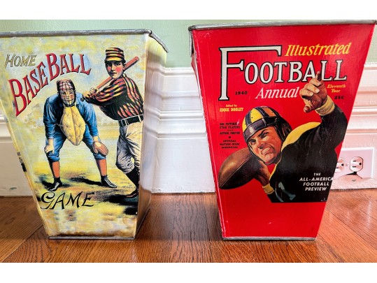Galvanized And Decoupaged Vintage Sports Wastebaskets