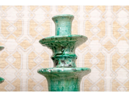 Primitive Green Ceramic Candle Holders & Jar