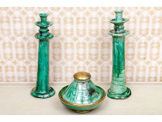Primitive Green Ceramic Candle Holders & Jar