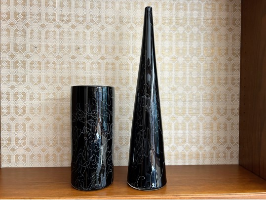 Pair Of Black Glass Latticino Vessels 