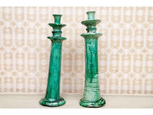 Primitive Green Ceramic Candle Holders & Jar