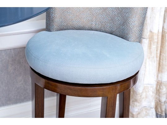 Hightop Tulip Based Bistro Table With Pair Of Custom Upholstered Swivel Stools