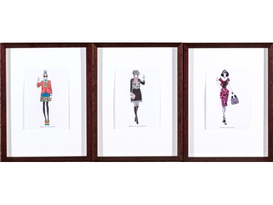 Trio Of Fashion Drawings, Mixed Media