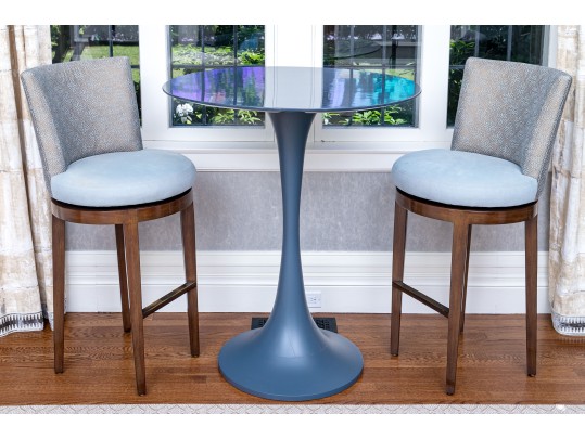 Hightop Tulip Based Bistro Table With Pair Of Custom Upholstered Swivel Stools
