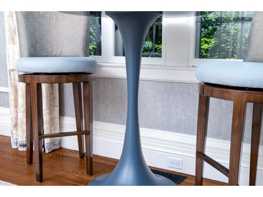 Hightop Tulip Based Bistro Table With Pair Of Custom Upholstered Swivel Stools