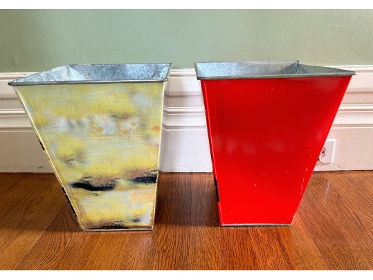 Galvanized And Decoupaged Vintage Sports Wastebaskets
