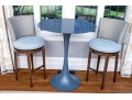 Hightop Tulip Based Bistro Table With Pair Of Custom Upholstered Swivel Stools