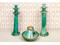 Primitive Green Ceramic Candle Holders & Jar