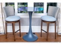 Hightop Tulip Based Bistro Table With Pair Of Custom Upholstered Swivel Stools