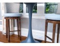 Hightop Tulip Based Bistro Table With Pair Of Custom Upholstered Swivel Stools