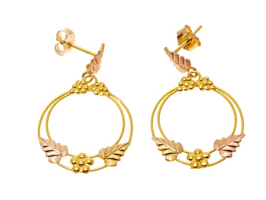 14K Wire Hoop Pendant Earrings With Leaf And Floral Accents