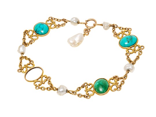 14k Yellow Gold Pretty Cabachon Howlite And Culture Freshwater Pearl Bracelet