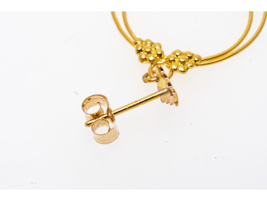 14K Wire Hoop Pendant Earrings With Leaf And Floral Accents