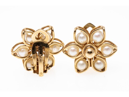 14K And Pearl Floral Clip Earrings