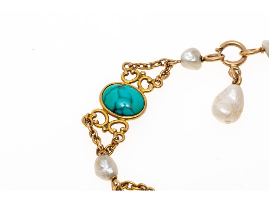 14k Yellow Gold Pretty Cabachon Howlite And Culture Freshwater Pearl Bracelet